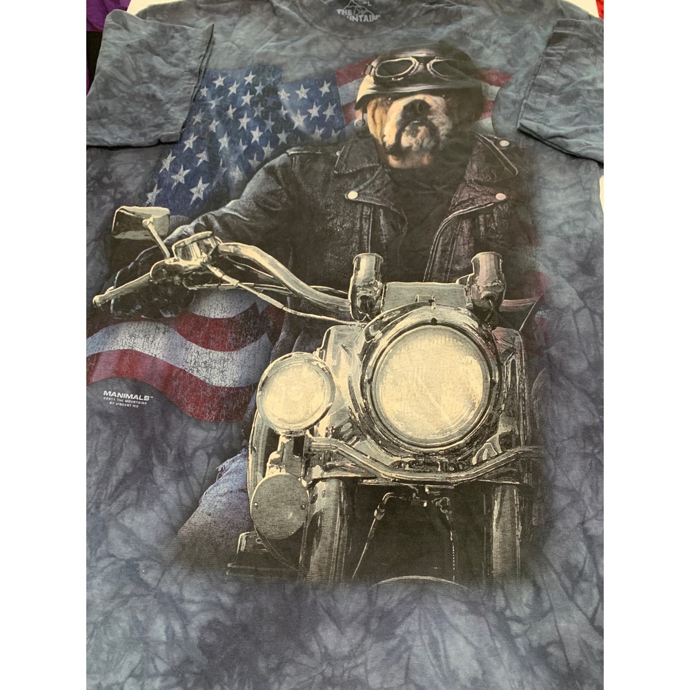 The Mountain Dog Riding Motorcycle USA Flag Manimals 2011 Tie Dye T-Shirt Size L